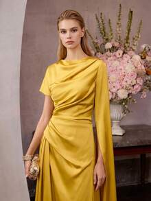 MOTF Soiréza ELEGANT ASYMMETRIC SLEEVES SATIN MAXI PARTY GOWN, ULTRA-LONG DRAPE SLEEVE & SHORT SLEEVE, WAIST RUCHING, FORM-FITTING SILHOUETTE - Yellow - View 4