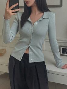 DAZY Women's Solid Color Slim Fit Polo Collar Long Sleeve Casual Streetwear Vacation Spring Autumn Knit Cardigan - Green - View 5