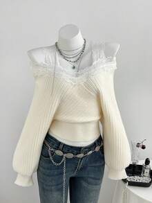 Elamini Sweater Crop Wanita Elegan Romantis dengan Patchwork Renda dan Bahu Terbuka, Cocok untuk Kencan Sehari-hari, Warna Krem Putih, dan Musim Gugur. - Aprikot - View 1