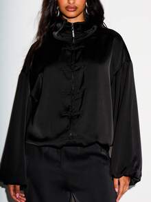 KIZN Satin Bomber Jacket With Mandarin Collar Frog Clasp Closures Oversized Fit Blouson Sleeves Luxe Finish - Black - View 5