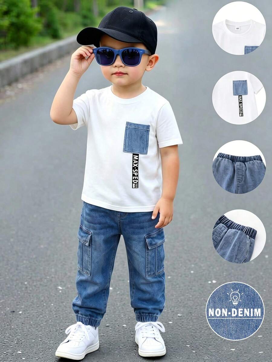 SHEIN Genkimix Kids 男童图案标语印花设计,时尚圆领短袖T恤搭配工装裤套装,适合节日、派对等场合,舒适轻便,适合春夏穿着,休闲街头风,户外野餐,上学,也是馈赠佳品。 - 彩色 - 查看 1