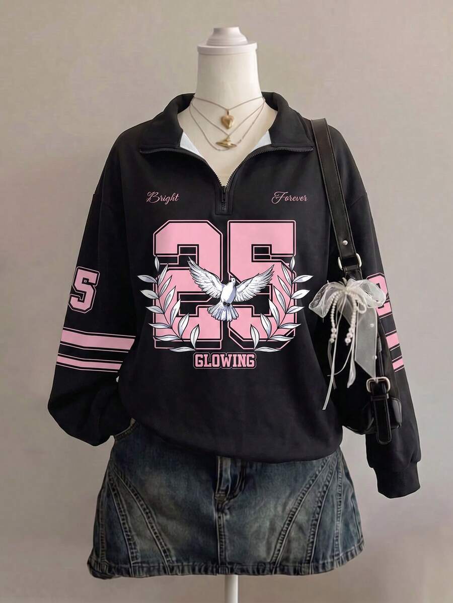 Attitoon 女款休閒復古半拉鍊寬鬆運動衫,大數字印花,秋冬女裝 - 彩色 - 查看 1