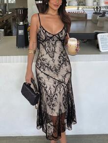 Firerie Women's Summer Elegant Sexy Lace Spaghetti Strap Dress - Black - View 1