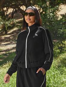 Voyena Women's Plus Size Equestrian Embroidered Striped Colorblock Zip-Up Sports Jacket - Black - View 3