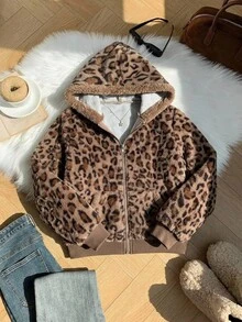 SHEIN 青少年女孩休閒豹紋毛絨簡約百搭日常外套，秋冬款 - 彩色 - 查看 5