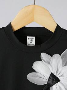 SHEIN 優雅 3D 花卉長袖女童洋裝，春/秋季洋裝，長袖洋裝，適合日常穿著、度假、學校、週末穿搭，適用於各種場合 - 黑色 - 查看 6