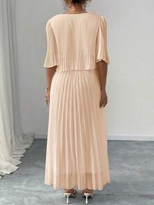 Elenzga Plus Size Plain Color Elegant Elegant Lady Chiffon Pleated Dress, Spring & Summer Fall - Apricot - View 2