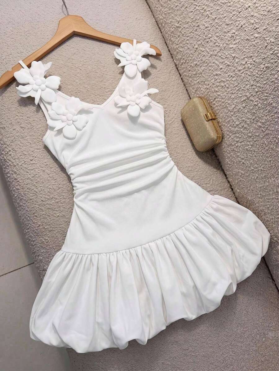 Pitira 少女優雅復古短澎澎洋裝,復古收腰迷你洋裝,白色洋裝,適合婚禮、約會,法式白色收腰洋裝 - 白色 - 查看 1
