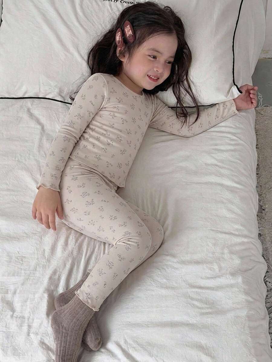 DAZY Ditsy Floral Fitted Long Sleeve Top And Long Pants 2 Pieces Set, Young Girls Ditsy Floral Round Neck Loungewear Fall - Beige - View 1