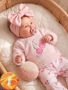 Genkimix Kids 2 件套女婴可爱樱桃印花长袖上衣和裤子柔软羊毛睡衣套装，浅粉色 - 淺粉色 - 查看 8