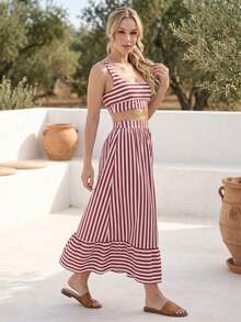 Rouah Women's Stripe Print Tank Top And Long Skirt For Summer - 2 Piece Set, Summer Set, Skirt And Top Set, Resort Set - Red and White - View 7