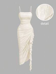 SHEIN MOD 女款純色百褶休閒日常夏季細肩帶中長洋裝 - 米色 - 查看 2