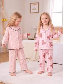 2pcs/Set Spring Autumn Winter Girls Toddler Home Wear Soft Comfortable Pink Double Layer Crepe Fashion Black Polka Dot Print With Cute Bunny Bow Embroidery Black Contrast Trim Ruffle Collar Long Sleeve Cardigan And Long Pants Set Early Autumn Thin Loungewear Pajamas - Baby Pink - View 4