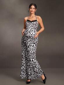 Cheriluna Maternity Maternity Black White Lace Trim Halter Dress Long Sleeve Top 2pcs Set Autumn Photoshoot Sexy Elegant - Black and White - View 3