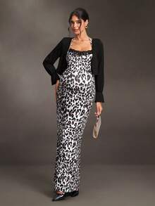 Cheriluna Maternity Maternity Black White Lace Trim Halter Dress Long Sleeve Top 2pcs Set Autumn Photoshoot Sexy Elegant - Black and White - View 5