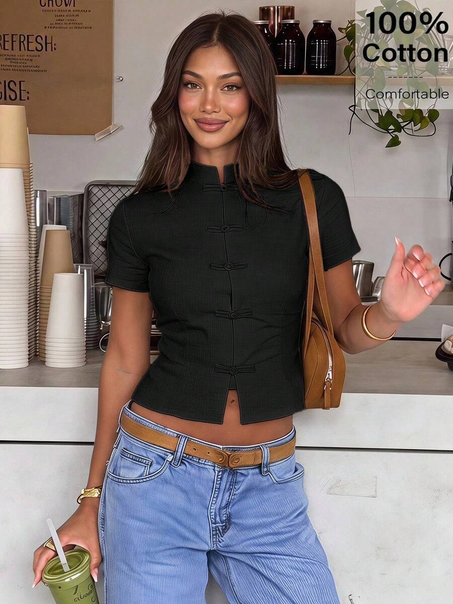 Siren Gaze Women's Solid Color Short Sleeve Stand Collar Frog Button Design Cropped Shirt - Black - View 1