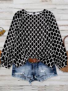 Linhara Women's Plus Size Simple Round Neck Allover Print Raglan Sleeve Top Western Summer Women Boho Fall - Black and White - View 1