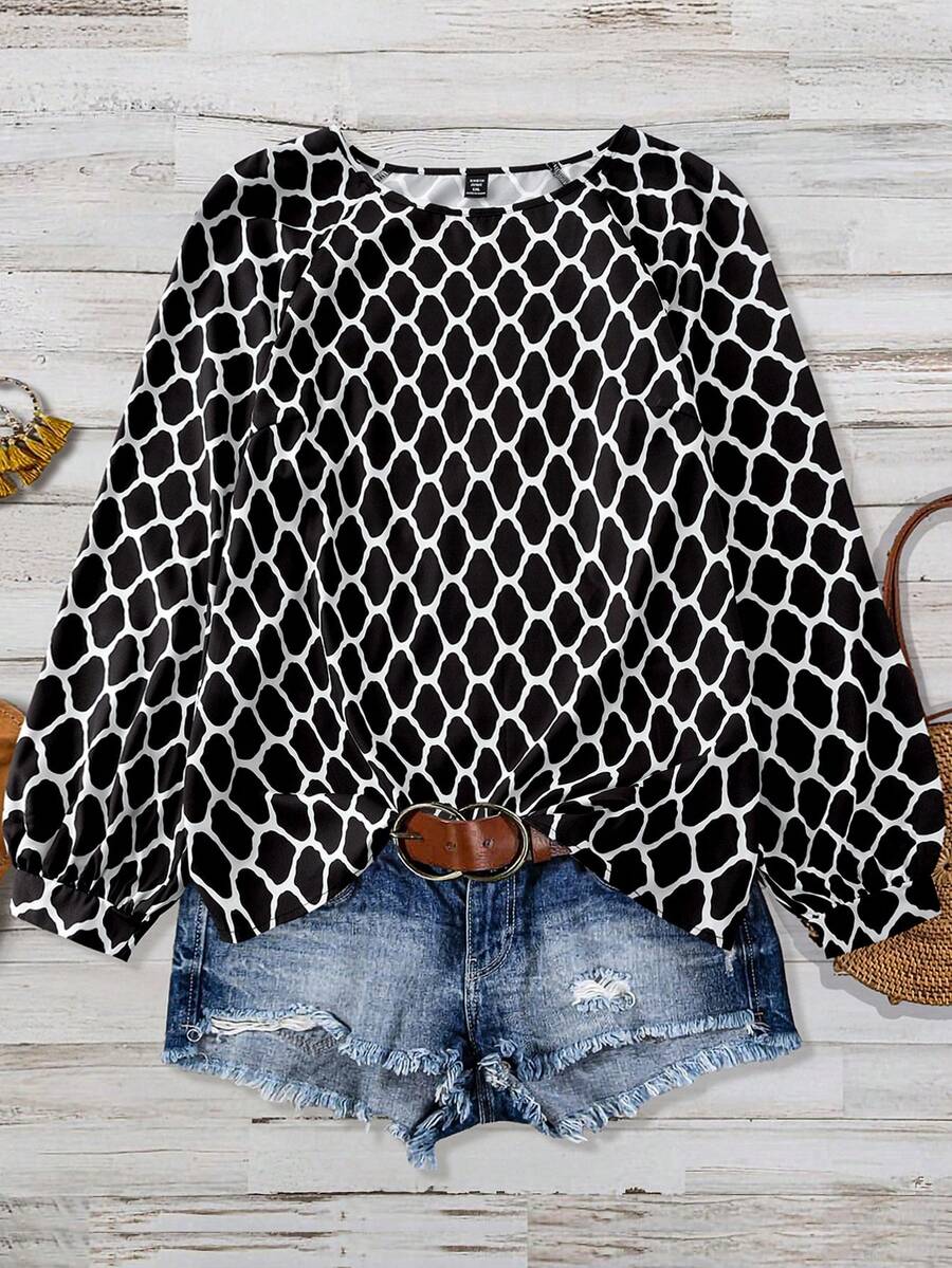 Linhara Women's Plus Size Simple Round Neck Allover Print Raglan Sleeve Top Western Summer Women Boho Fall - Black and White - View 1