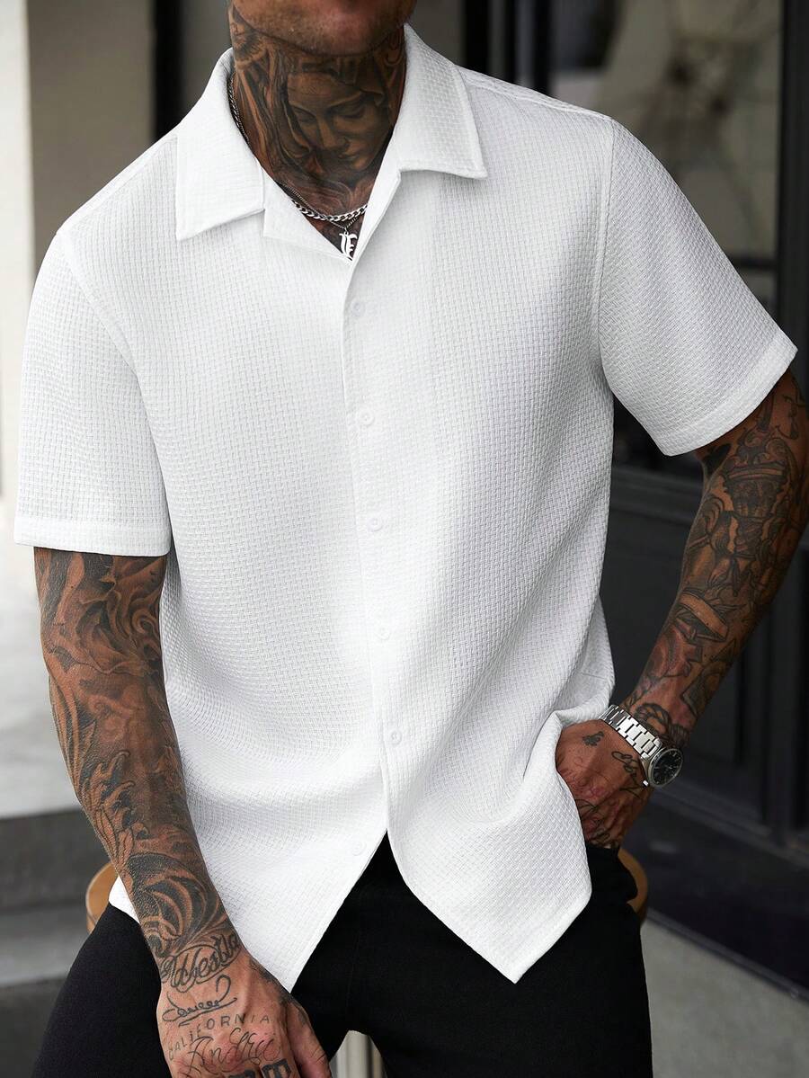 Manfinity CasualCool Men's Solid Color Casual Versatile Daily Short Sleeve Shirt - White - View 1