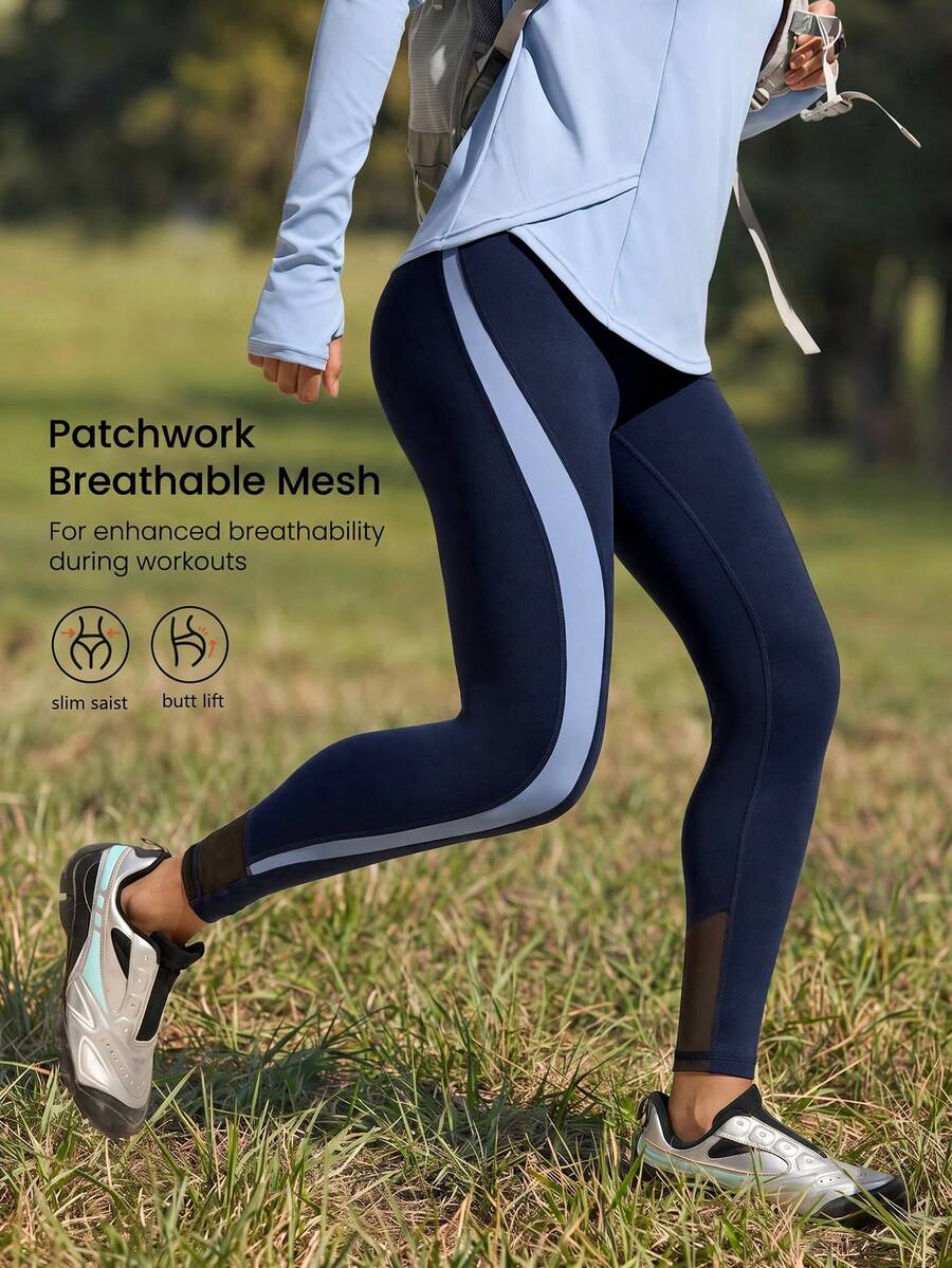 WanderVale Navy Blue Breathable Mesh Long Leggings For Women With Colorblock Pattern And Convenient Pockets
