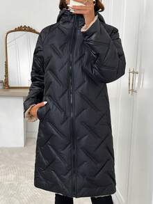 SHEIN Clasi 女款純色保暖內裡休閒冬季填充外套，適合露營、度假、黑色、日常旅行 - 黑色 - 查看 6