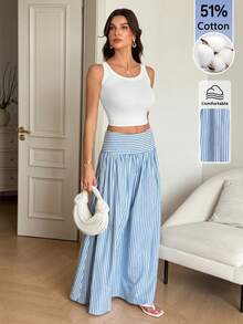 SHEIN Tall Rok Lipit Bergaris Kasual Serbaguna untuk Wanita, Cocok untuk Sehari-hari - Blue and White - View 4
