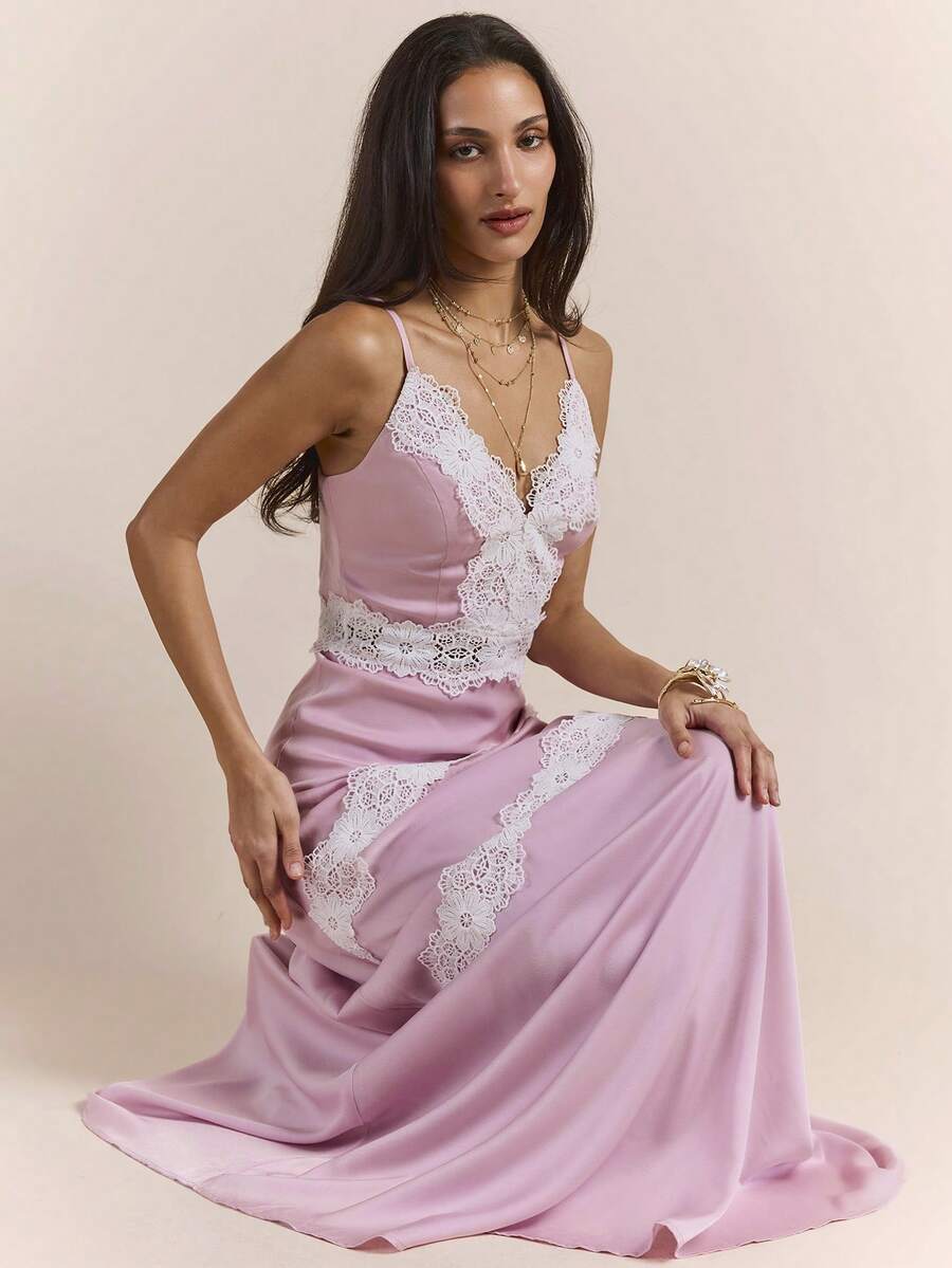 Enchnt Vestido de mujer con tirantes finos y bordado francés dulce para citas y fiestas nocturnas