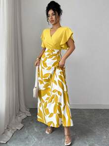 Elenzga Women's Elegant Burgundy Red Leaf Pattern Ruched Cap Sleeve Fitted Flared Dress, Spring/Summer - Yellow - View 6
