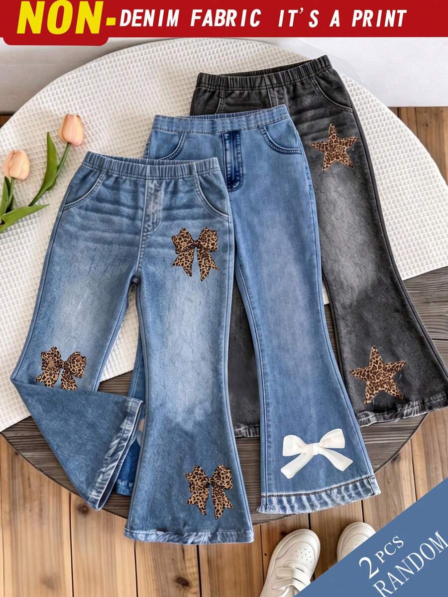 SHEIN Elladie kids 4-7歲女孩 2件/包(3款隨機2款)甜美可愛數位印花鬆緊腰喇叭牛仔褲,適合日常穿著與外出 - 彩色 - 查看 1