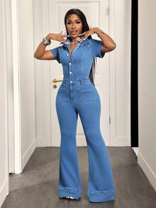 BamGleam Jumpsuit Denim Kasual Wanita dengan Kancing, Model Flare untuk Sehari-hari - Biru - View 3