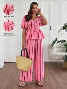 Vionelle Plus Size Pink Striped Bowknot Short Sleeve 2 Pieces Set - Pink - View 1