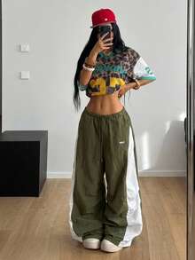 Coolane 女款春夏音樂會街頭風拼色拼接降落傘長褲 - 白色 - 查看 4