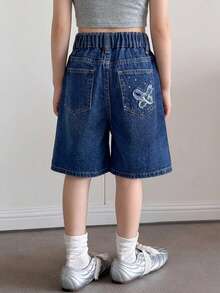Dazy Kids 女童牛仔褲 春/夏新款 後口袋水鑽裝飾喇叭褲 (大號) - 藍色 - 查看 5