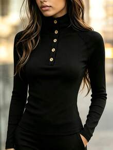 SHEIN Autumn/Winter New Black Semi-High Neck Half-Button Front Wooden Button Raglan Sleeve Slim Fit Base Layer Top, Casual Elegant Minimalist Commuter Style Suitable For Daily Wear, Dating, Travel And Office - Black - View 4
