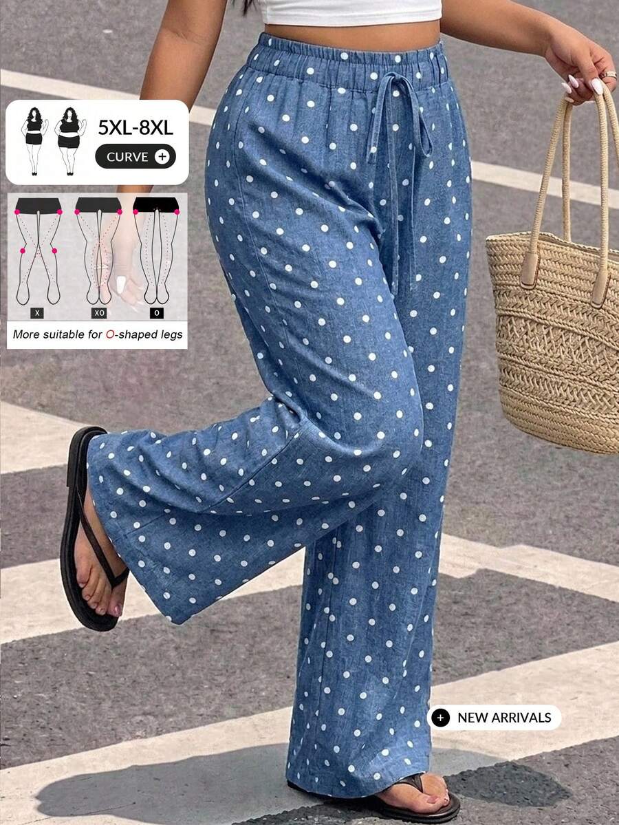 SHEIN CURVE+ 大尺碼女款法式復古休閒風藍白波點仿牛仔印花高腰抽繩長褲 - 彩色 - 查看 1