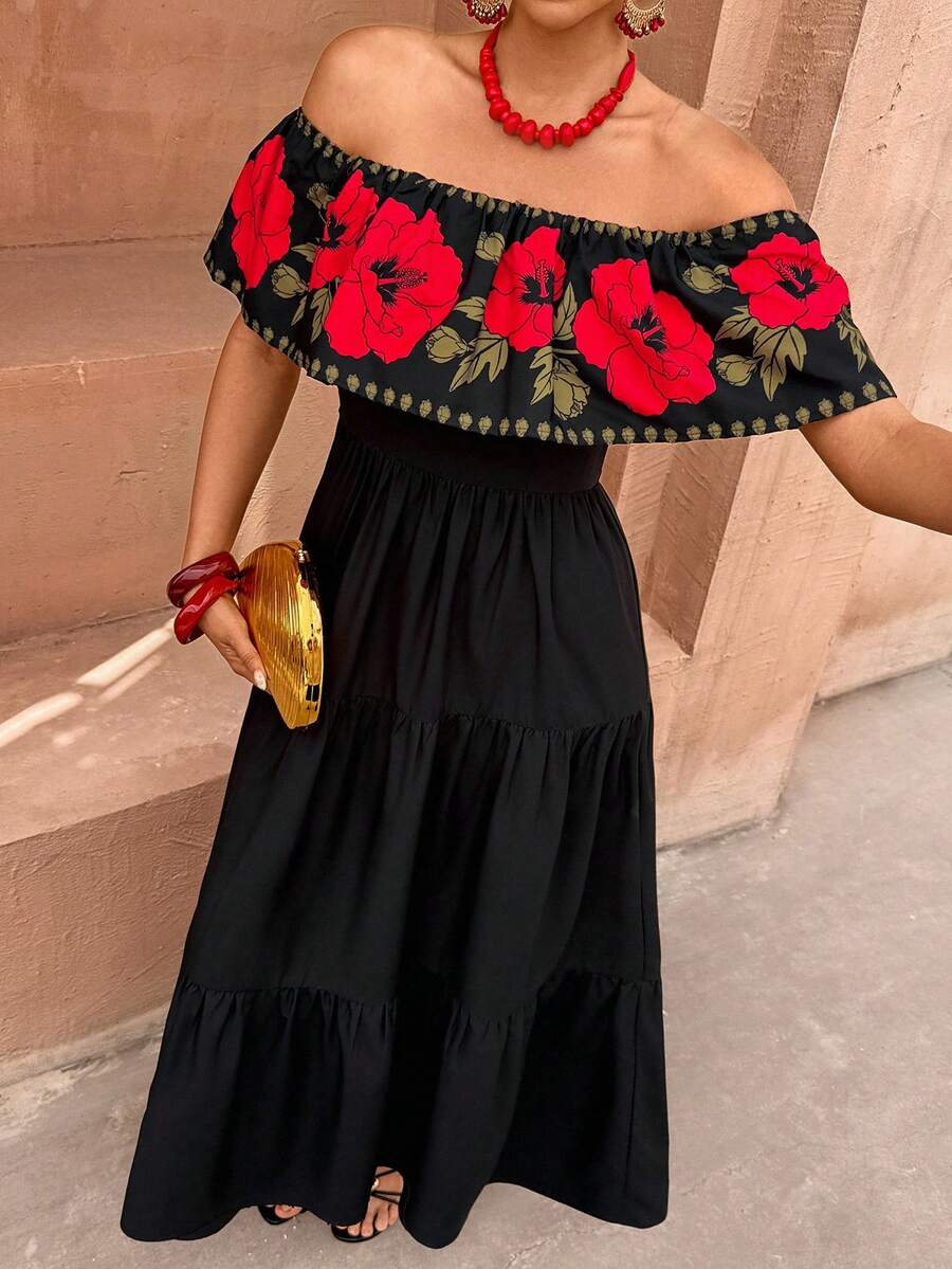 Flora Isola Women Square Neck Off-Shoulder Ruffle Trim Black And Red Mexican Floral Print High Waist Boho Summer Holiday Vacation Holiday Long Dress - Black - View 1