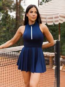 Maju Mazalli Women's Sleeveless Navy Blue Summer Casual Gym Sports Dress,Contrast Half-Open Collar,Built-In Pocket Shorts,2PCS Set For Tennis,Golf,Running,Yoga - Navy Blue - View 1