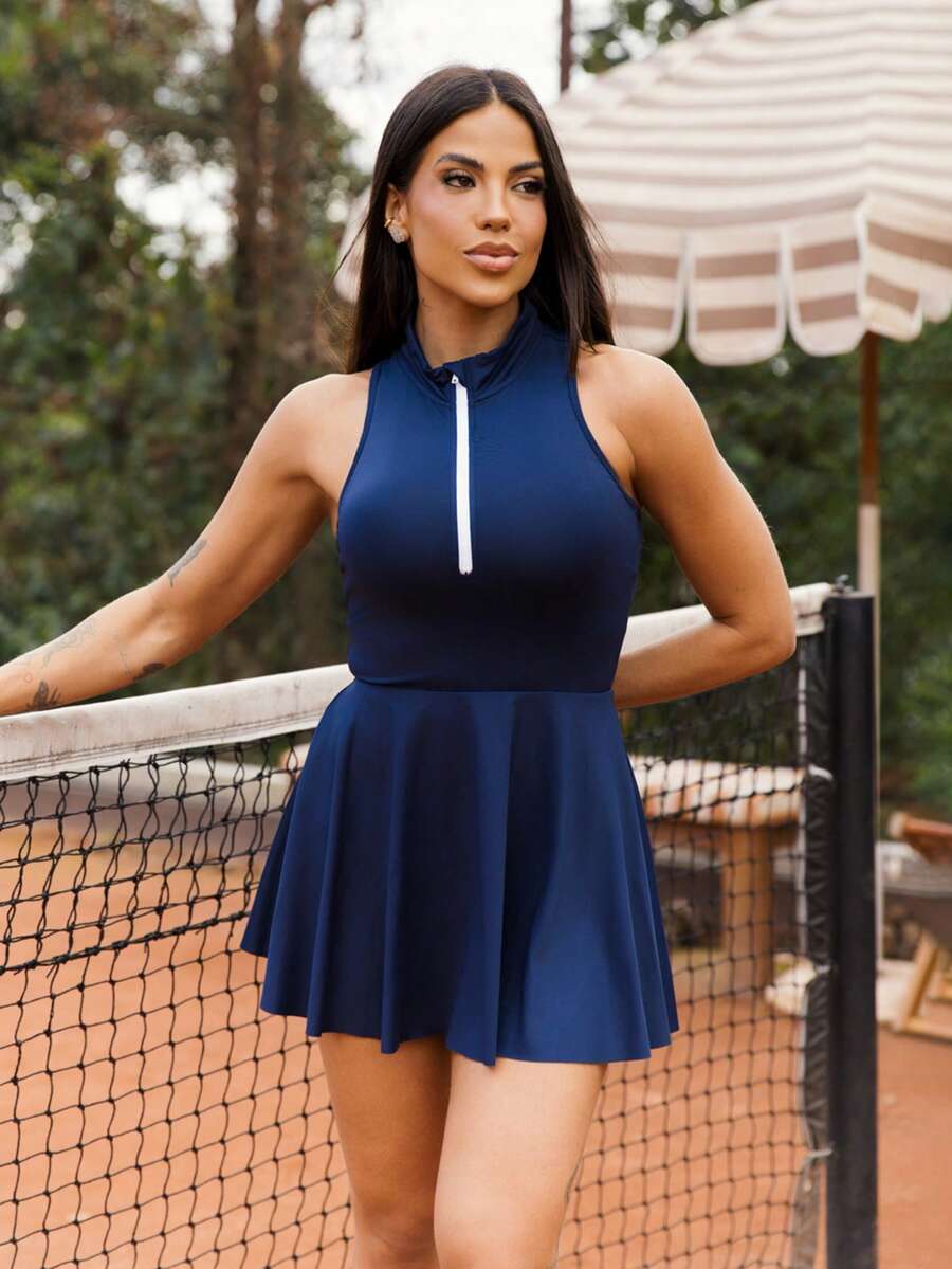Maju Mazalli Women's Sleeveless Navy Blue Summer Casual Gym Sports Dress,Contrast Half-Open Collar,Built-In Pocket Shorts,2PCS Set For Tennis,Golf,Running,Yoga - Navy Blue - View 1