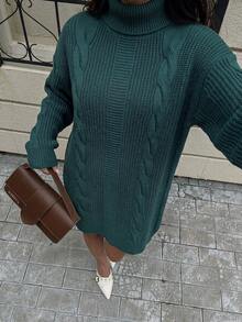 SHEIN LUNE Cable Knitted Turtleneck Sweater Dress - Dark Green - View 5