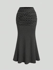 Sweetra Plus Size Women's Soft Matte Solid Color Polka Dot Skirt, High Waist Ruched Design Mermaid Tail Skirt, Body-Hugging Slim Fit Hip-Flattering Concealing Flattering Height-Enhancing Elegant Drape Versatile Skirt, High Waist Ruched Mermaid Tail Skirt, Solid Color Polka Dot Slim Fit Hip-Flattering Skirt - Black and White - View 5