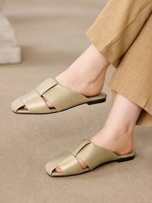 MOTF PREMIUM Zapatos planos de mujer de cuero dorado con punta redonda, estilo casual y sencillo para ir al trabajo - Oro 1 - Ver 2