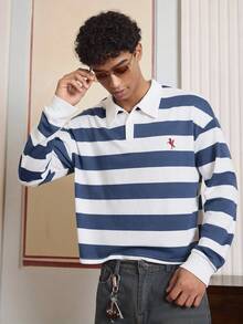 SWAVVY Men's Casual Colorblock Striped Polo Long Sleeve Shirt, Autumn, For Fall - Multicolor - View 3