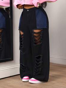 Slaydiva Celana Jeans Denim Kasual untuk Wanita Ukuran Besar dengan Desain Kancing Bertekstur untuk Pemakaian Sehari-hari - Hitam - View 3