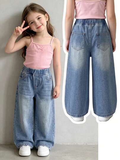 Celana Panjang Denim Biru Longgar untuk Anak Perempuan