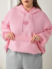 SHEIN CURVE+ 大尺碼女款休閒極簡美式復古字母印花圖案連帽長袖寬鬆衛衣 秋季 - 粉色 - 查看 12