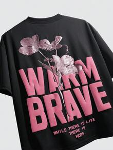 PAVTROS 男士街頭風花卉英文字母 3D 泡泡印花黑粉配色 T-shirt，適合戶外城市度假、音樂節、日常穿著，夏季款 - 黑色 - 查看 5