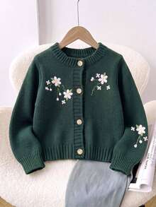 SHEIN Baby Girl Knitted Solid Color Embroidered Pattern Round Neck Casual Cardigan - Green - View 6