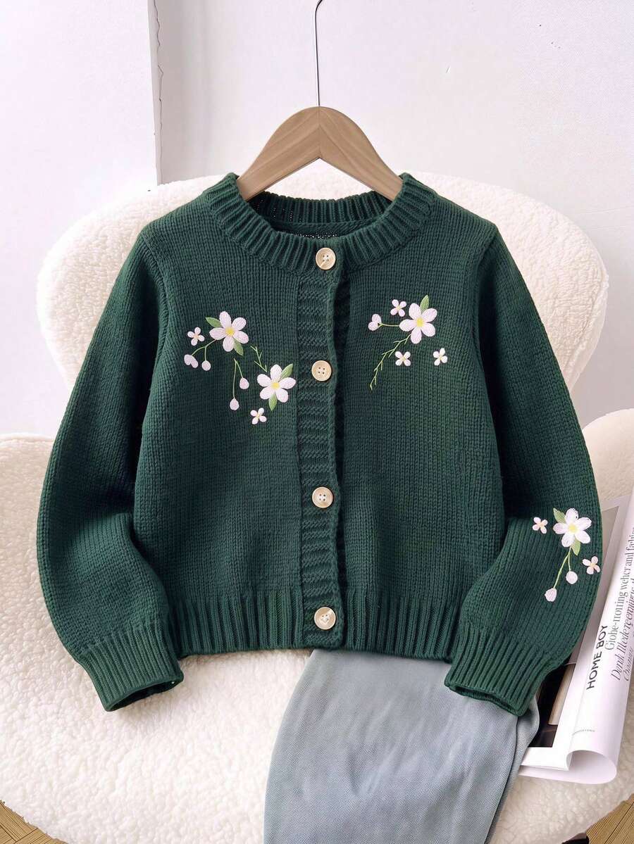SHEIN Baby Girl Knitted Solid Color Embroidered Pattern Round Neck Casual Cardigan - Green - View 1