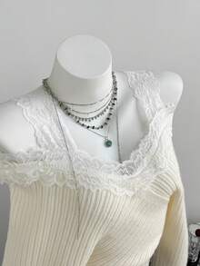 Elamini Sweater Crop Wanita Elegan Romantis dengan Patchwork Renda dan Bahu Terbuka, Cocok untuk Kencan Sehari-hari, Warna Krem Putih, dan Musim Gugur. - Aprikot - View 3