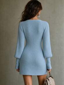 Balvessa Women's New V-Neck Single-Breasted Lantern Sleeve Layered Fitted Bodycon Short Knit Sweater Dress With Metal Button Decor, Versatile For All Seasons, Commuter Style - Blue - View 2